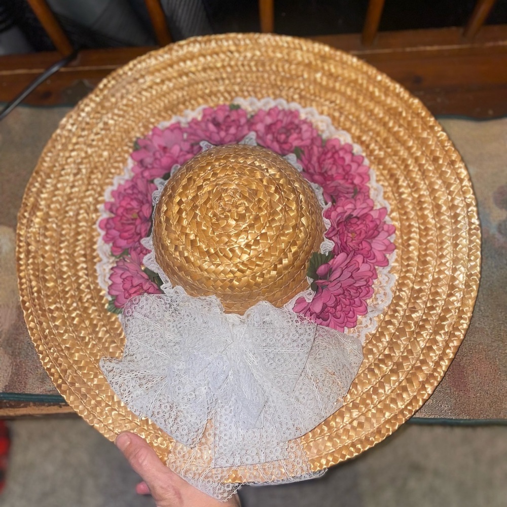 Gold Straw Hat with Pink Floral Accents